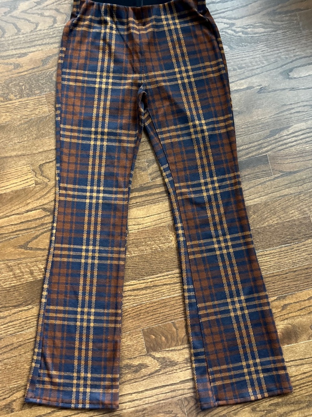 American Eagle S Petite Plaid Flare Pants Brown, Navy, Gold Stretch